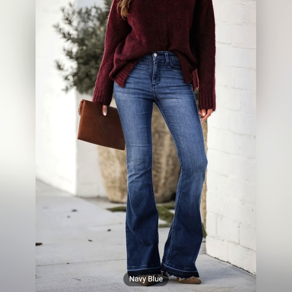 Women's Navy Blue Mid Rise Slim Fit with Classic Flare Leg Raw Hem Denim Jeans - Picture 2 of 5